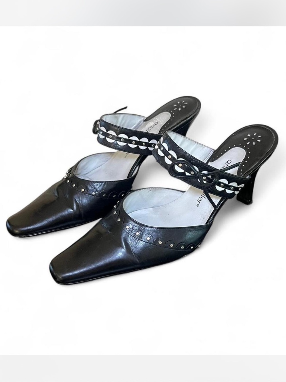 Vintage Andrew Geller Black Studded Leather Mules with Braided Strap Size 6